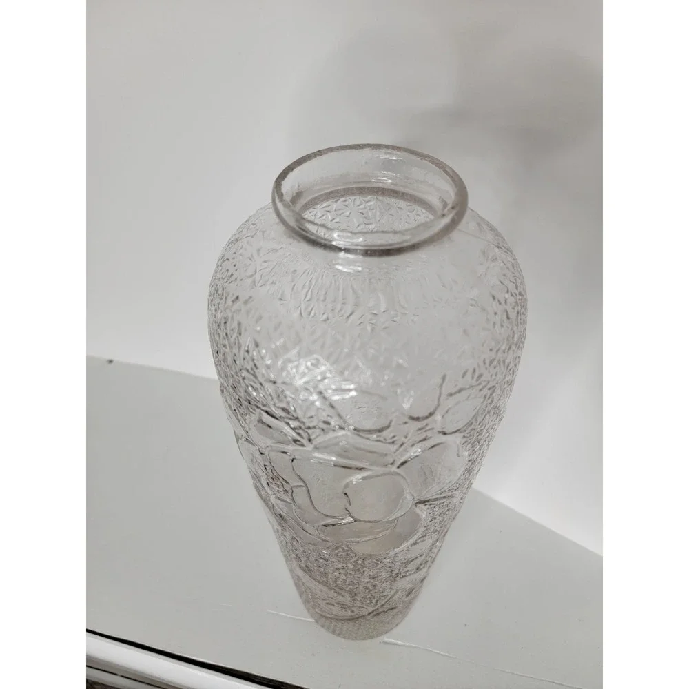Vintage Clear Glass Rose Vase Embossed Floral Textured UV Manganese Glow Tall